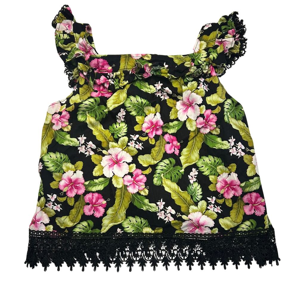 Large Black Hawaiian Tropical Floral Off Shoulder Crop Top Pink Hibiscus Lace